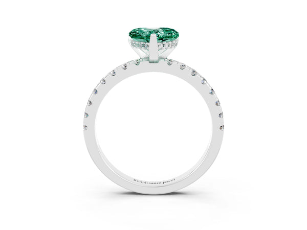 Platinum Heart Cut Green Sapphire Solitaire Ring with Round  Pavé Band and Four-Prong Setting