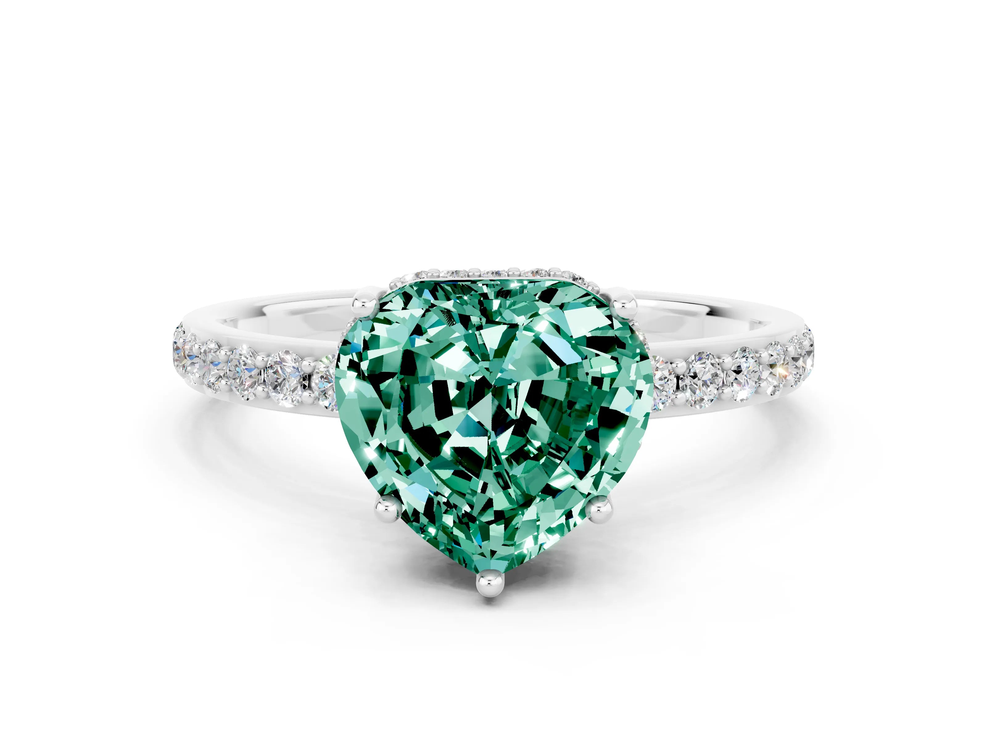 White gold Heart Cut Green Sapphire Solitaire Ring with Pavé Band and Hidden Halo_12