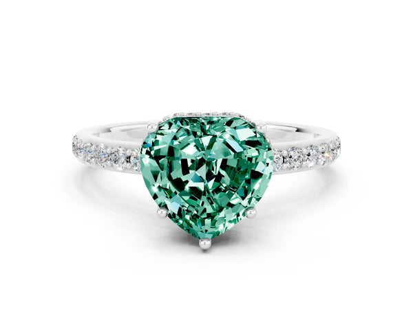 Platinum Heart Cut Green Sapphire Solitaire Ring with Pavé Band and Hidden Halo