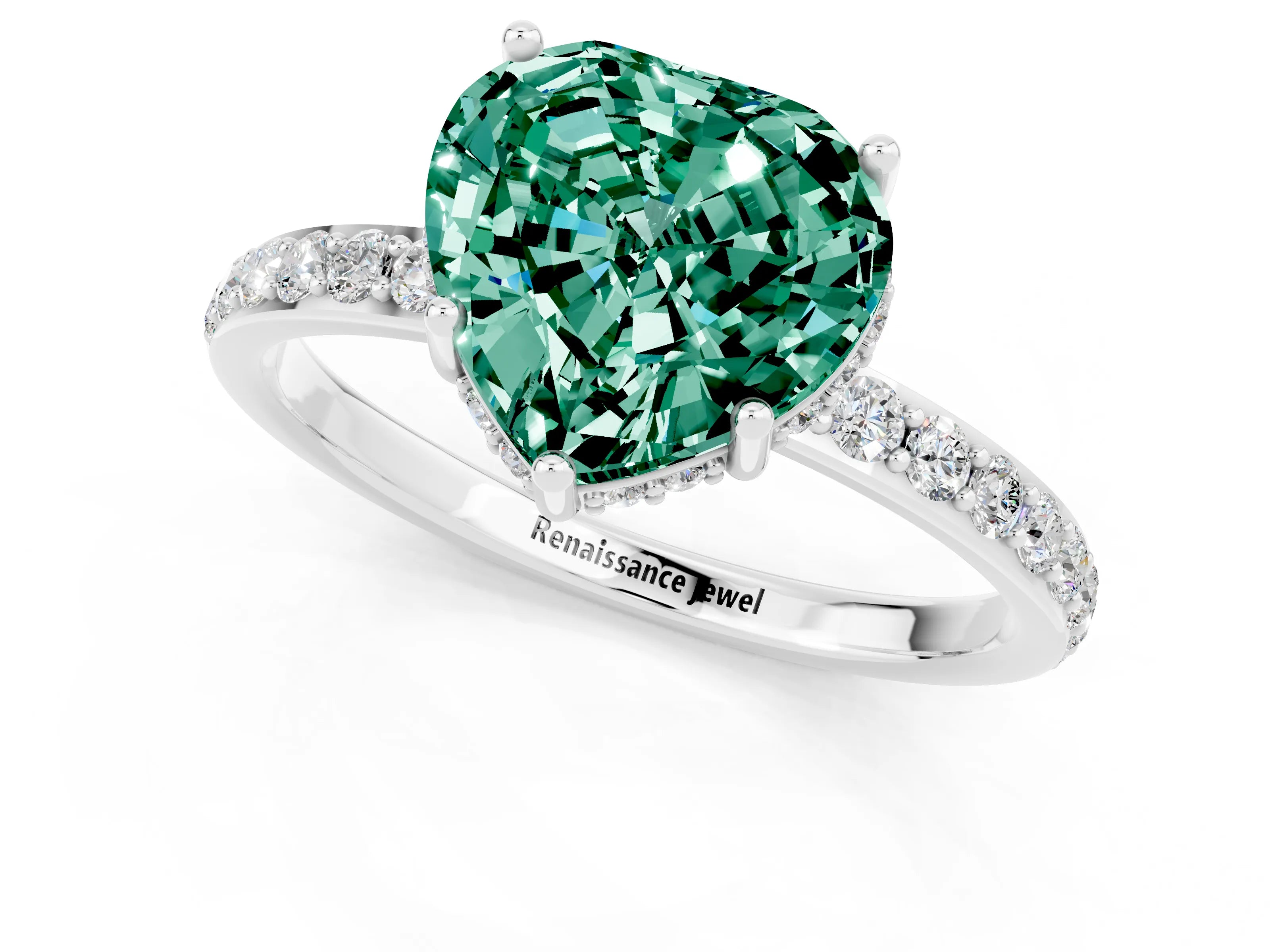 White gold Heart Cut Green Sapphire Solitaire Ring with Pavé Band and Hidden Halo_13
