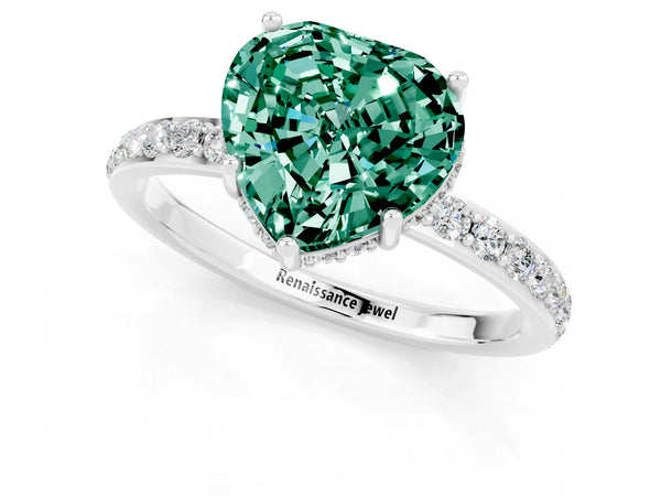 Platinum Heart Cut Green Sapphire Solitaire Ring with Pavé Band and Hidden Halo