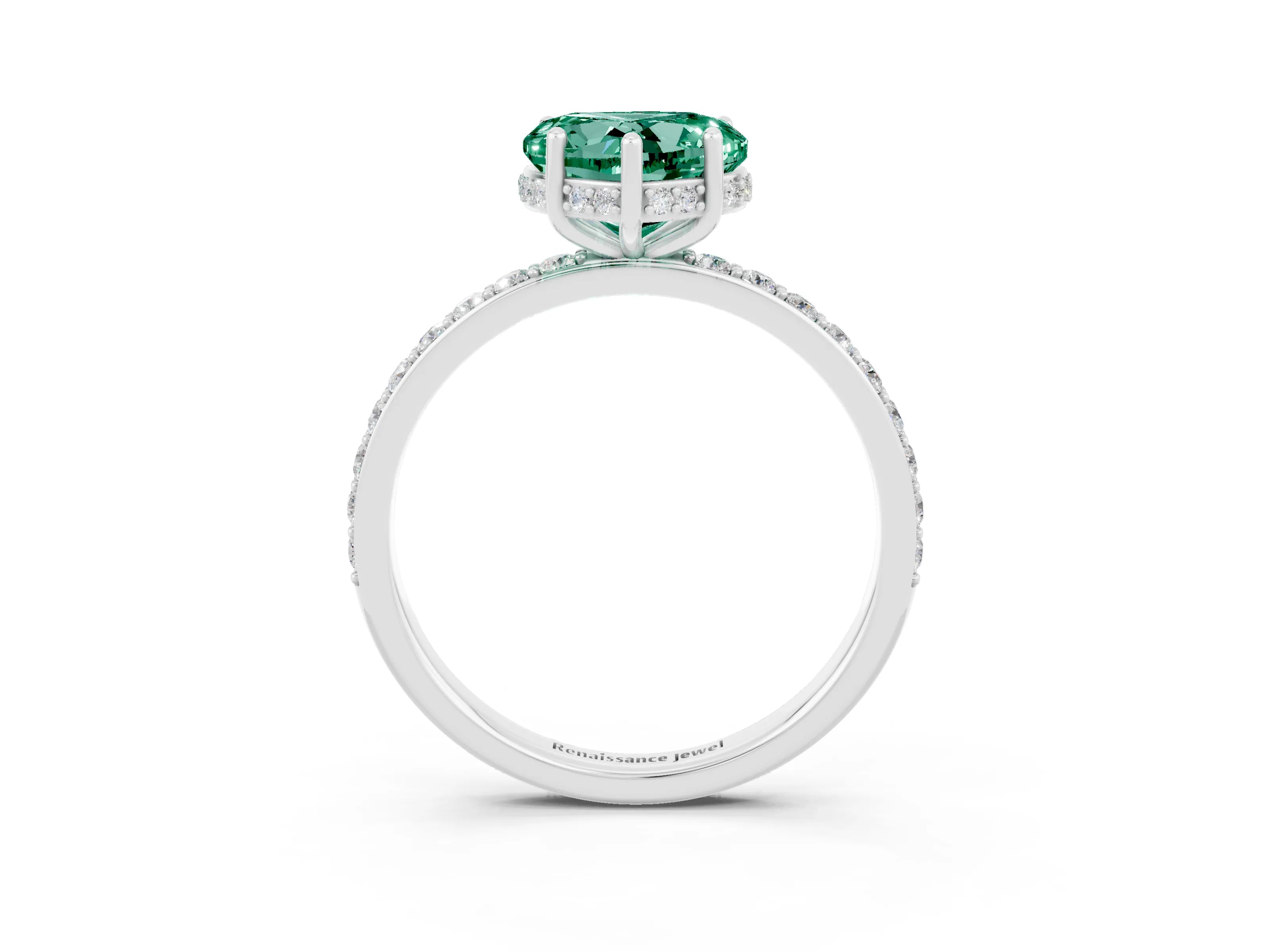 White gold Heart Cut Green Sapphire Solitaire Ring with Pavé Band and Hidden Halo_15