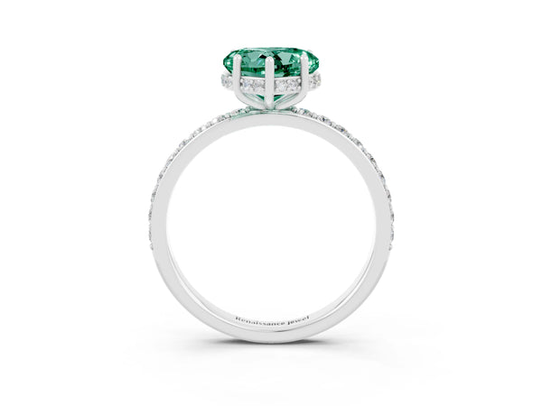 Platinum Heart Cut Green Sapphire Solitaire Ring with Pavé Band and Hidden Halo