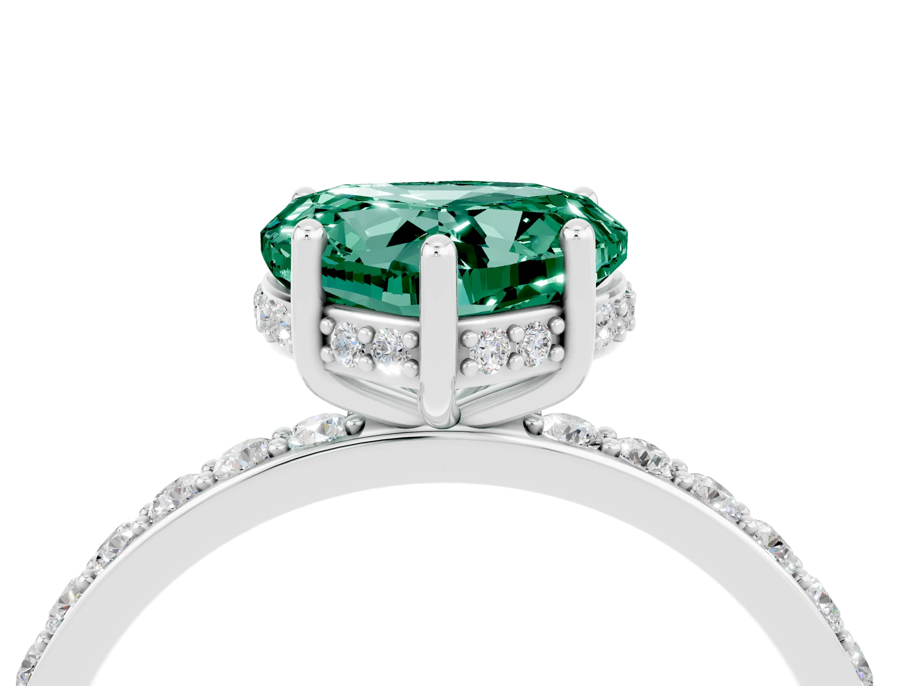 White gold Heart Cut Green Sapphire Solitaire Ring with Pavé Band and Hidden Halo_16