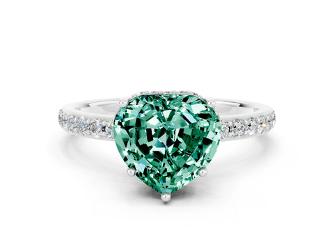 White gold Heart Cut Green Sapphire Solitaire Ring with Pavé Band and Hidden Halo_24