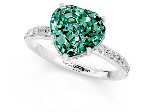 White gold Heart Cut Green Sapphire Solitaire Ring with Pavé Band and Hidden Halo_25