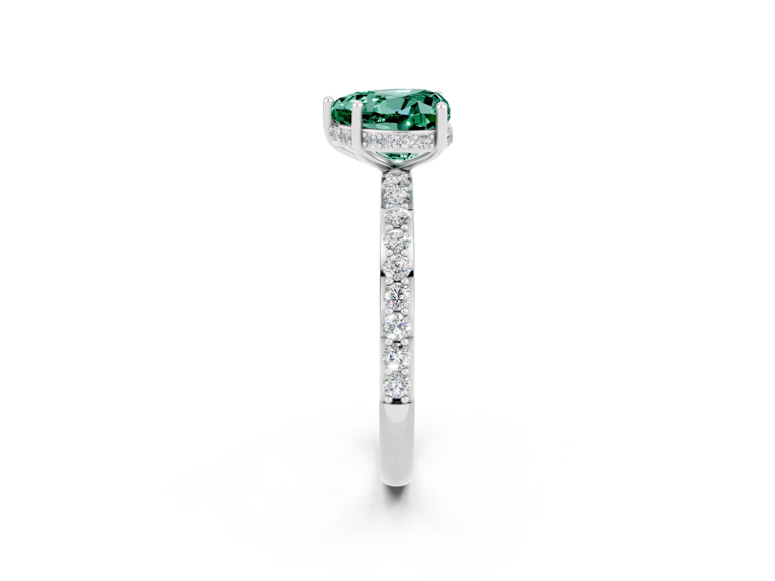 White gold Heart Cut Green Sapphire Solitaire Ring with Pavé Band and Hidden Halo_26