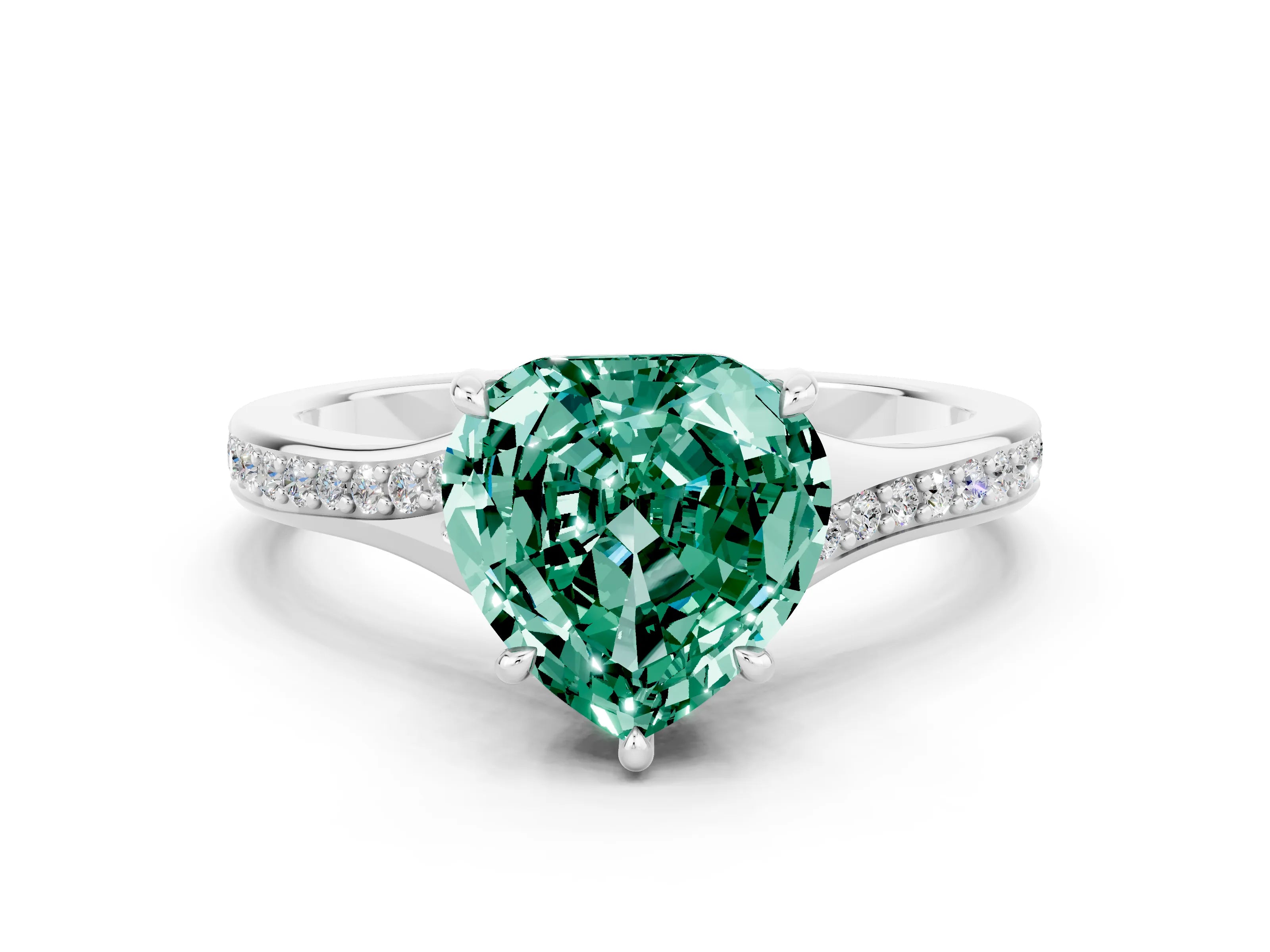White gold Heart Cut Green Sapphire Solitaire Ring with Pavé Band and Prong Setting_12