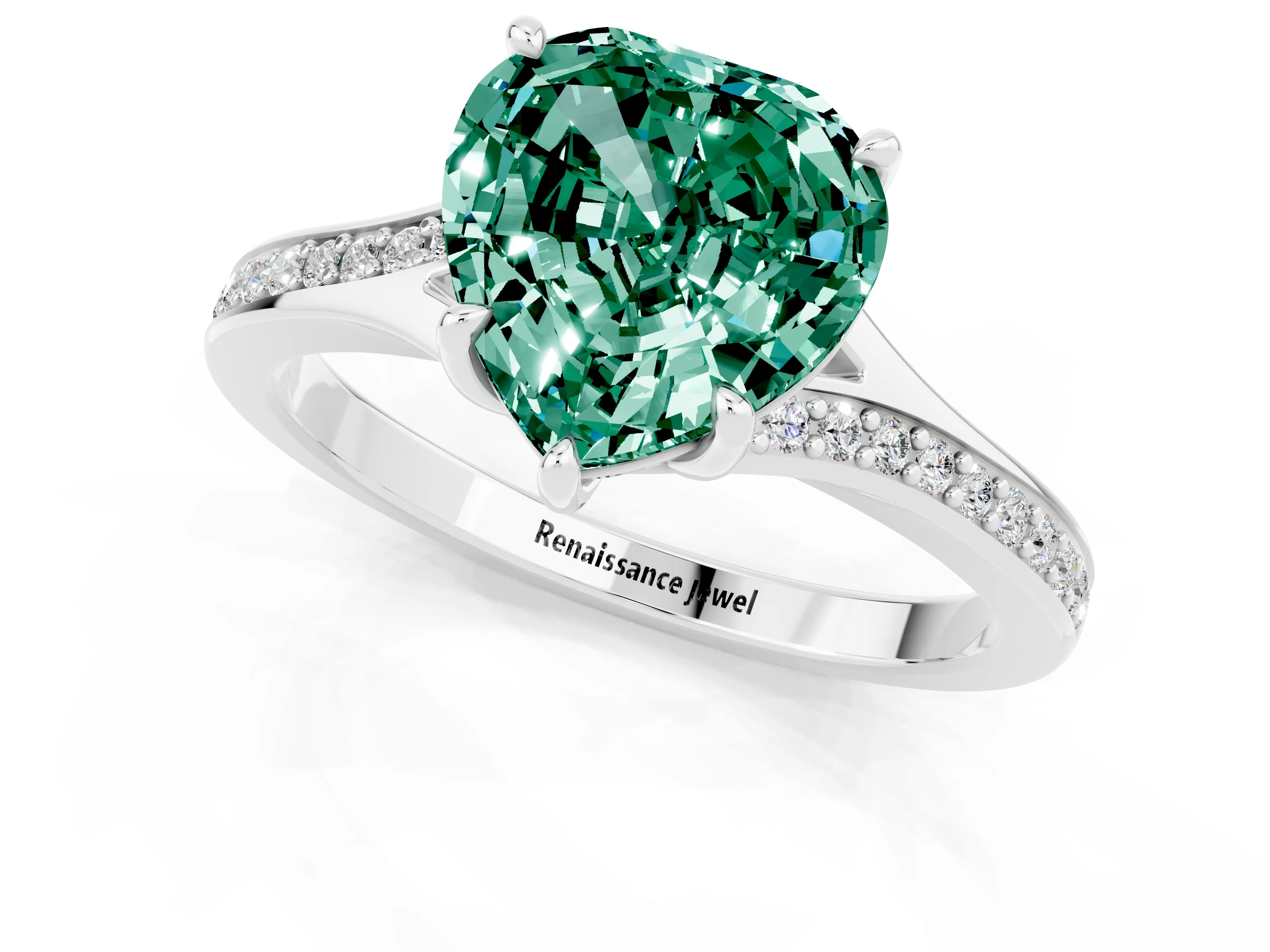 White gold Heart Cut Green Sapphire Solitaire Ring with Pavé Band and Prong Setting_1