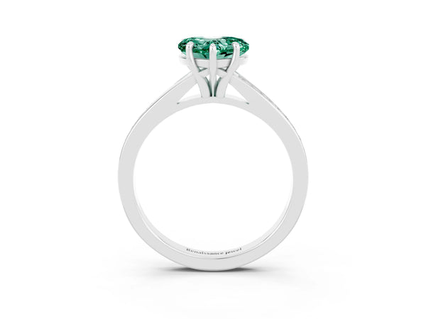 Silver Heart Cut Green Sapphire Solitaire Ring with Pavé Band and Prong Setting