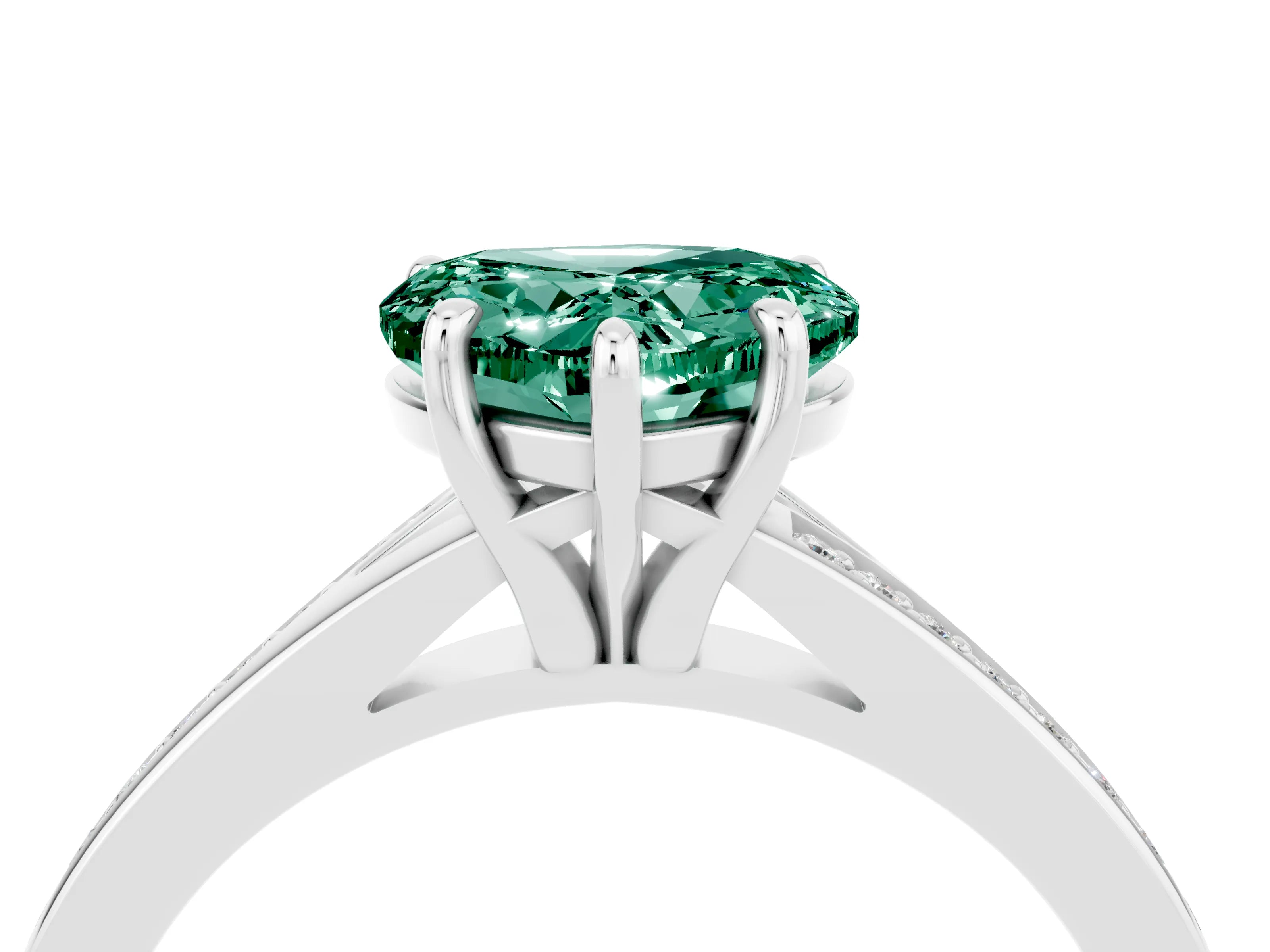 White gold Heart Cut Green Sapphire Solitaire Ring with Pavé Band and Prong Setting_4