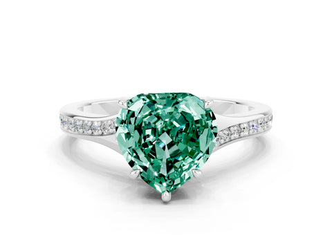 White gold Heart Cut Green Sapphire Solitaire Ring with Pavé Band and Prong Setting
