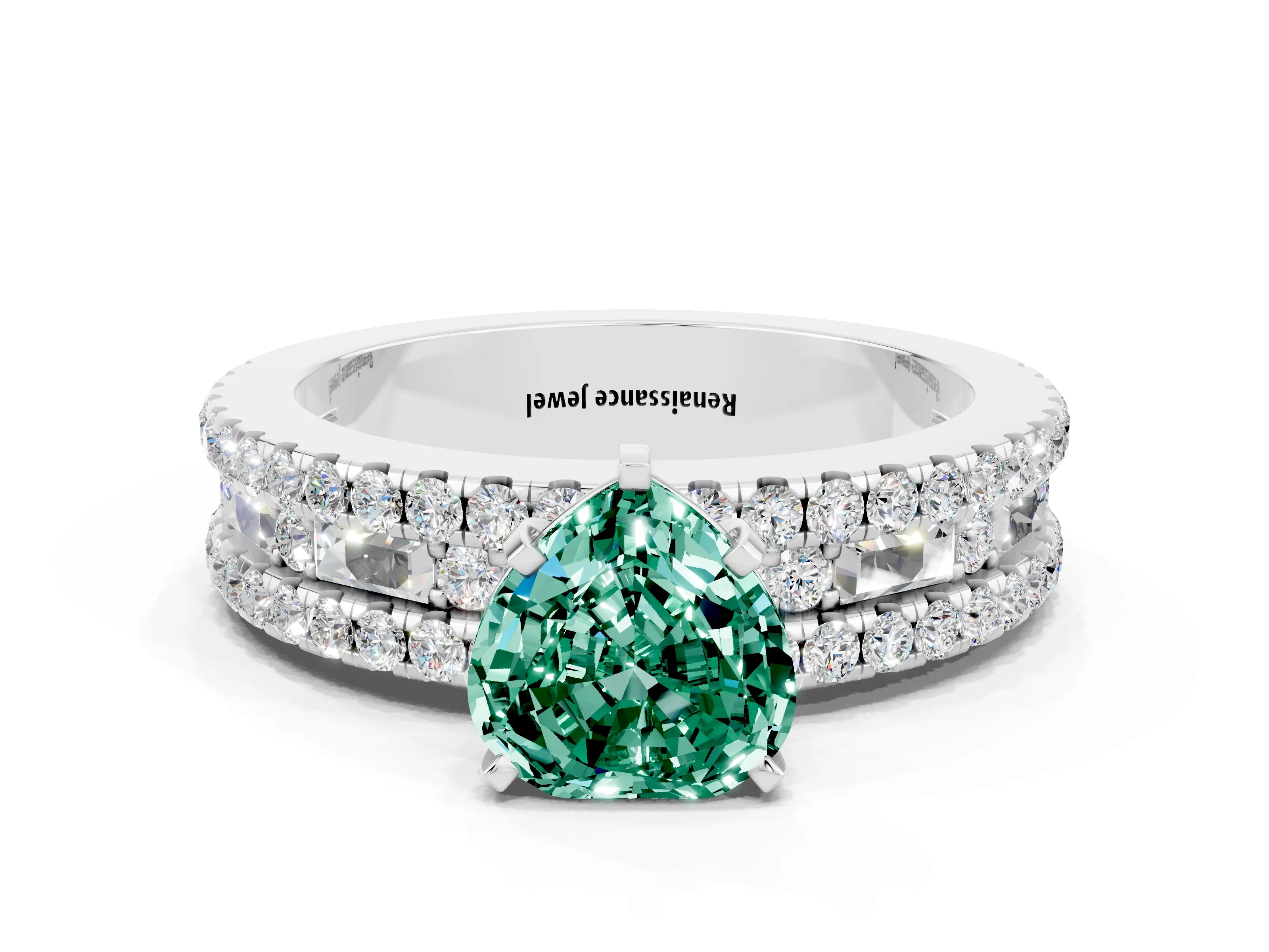 White gold Heart Cut Green Sapphire Solitaire Ring with Pavé and Channel Set Band