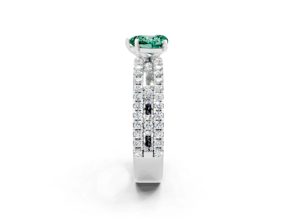 Silver Heart Cut Green Sapphire Solitaire Ring with Pavé and Channel Set Band