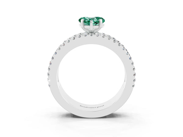 White gold Heart Cut Green Sapphire Solitaire Ring with Pavé and Channel Set Band