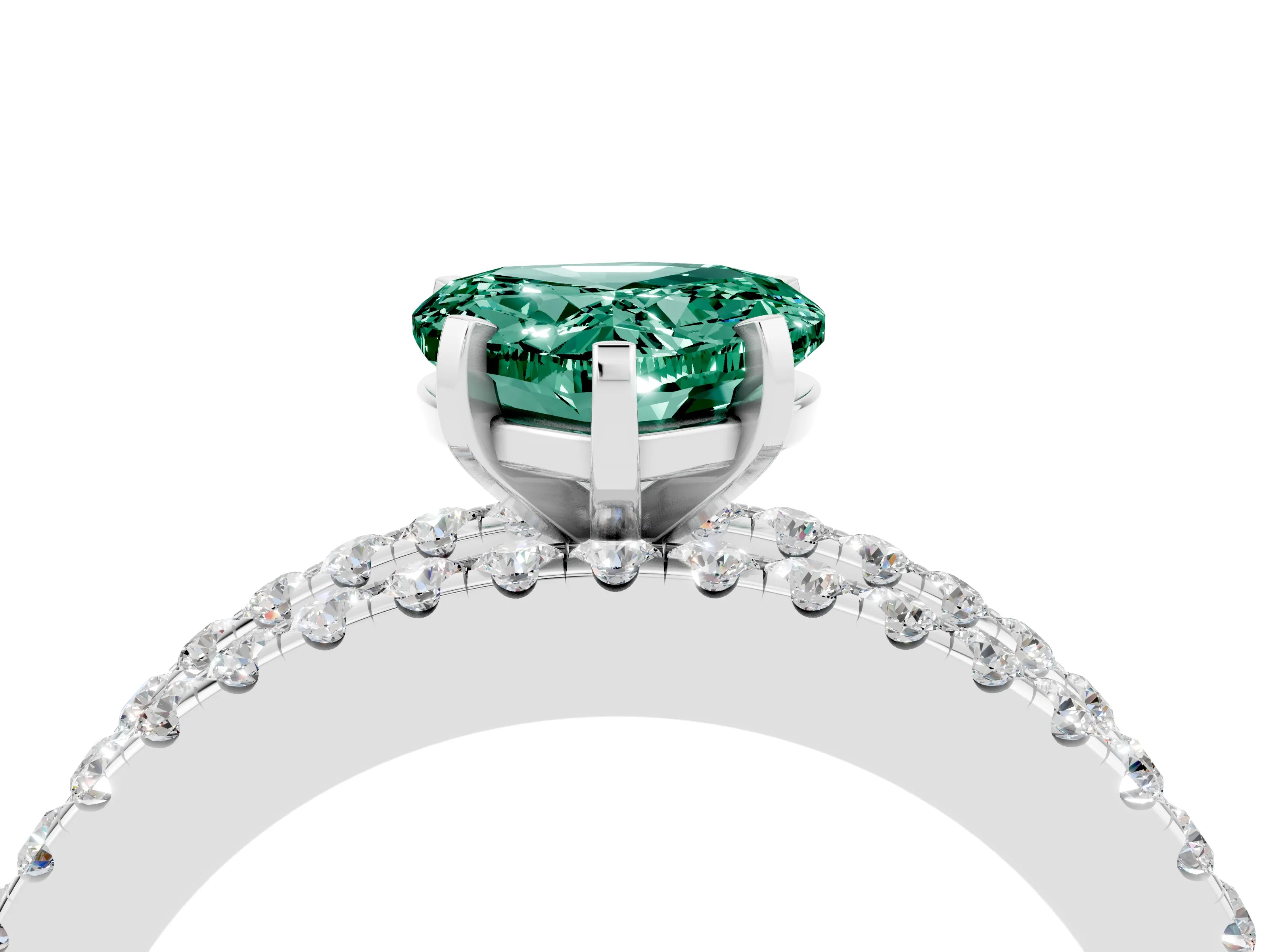 White gold Heart Cut Green Sapphire Solitaire Ring with Pavé and Channel Set Band_4