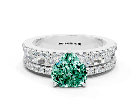 White gold Heart Cut Green Sapphire Solitaire Ring with Pavé and Channel Set Band