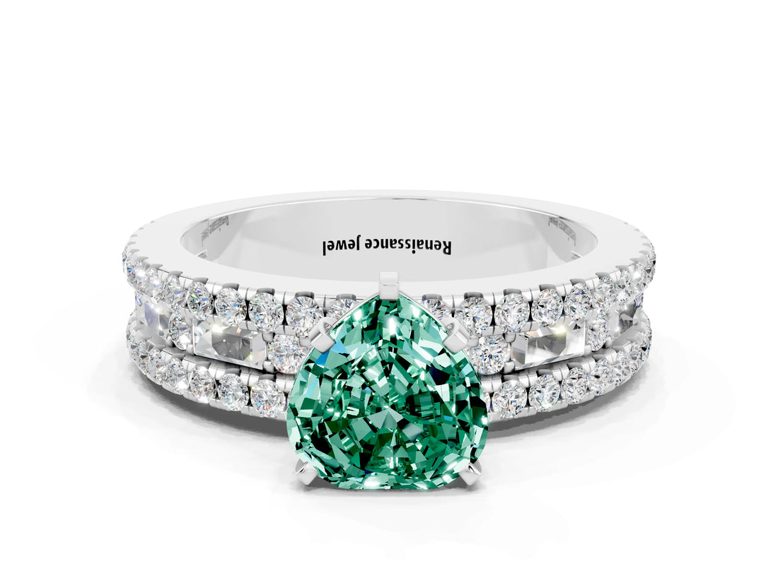 White gold Heart Cut Green Sapphire Solitaire Ring with Pavé and Channel Set Band