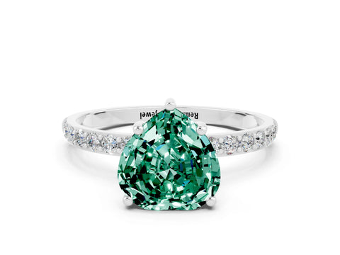 White gold Heart Cut Green Sapphire Solitaire Ring with Pave Band and Four Prong Setting_12