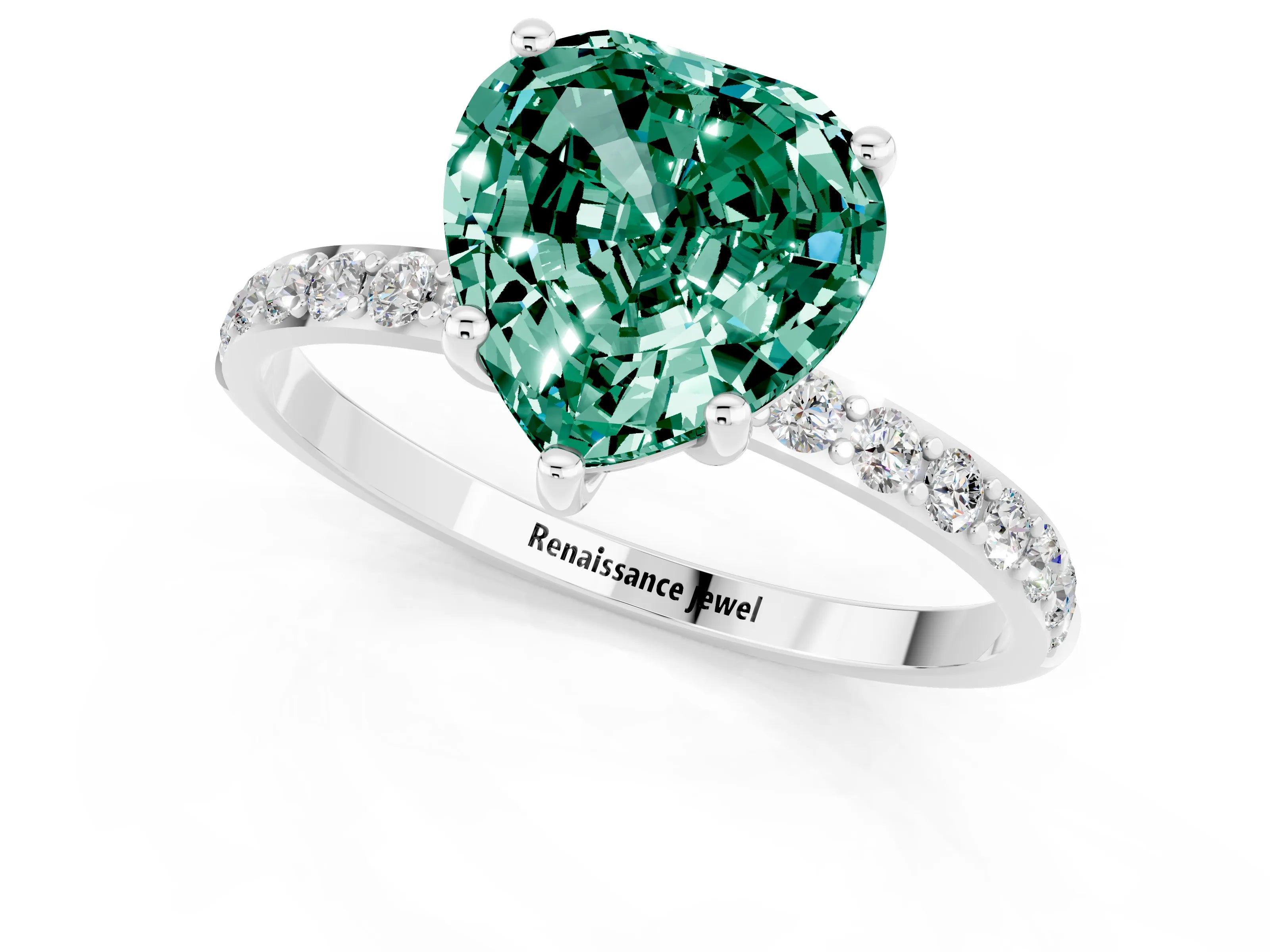 White gold Heart Cut Green Sapphire Solitaire Ring with Pave Band and Four Prong Setting_13