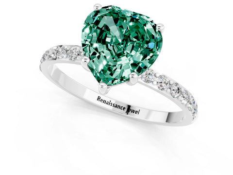 White gold Heart Cut Green Sapphire Solitaire Ring with Pave Band and Four Prong Setting_13
