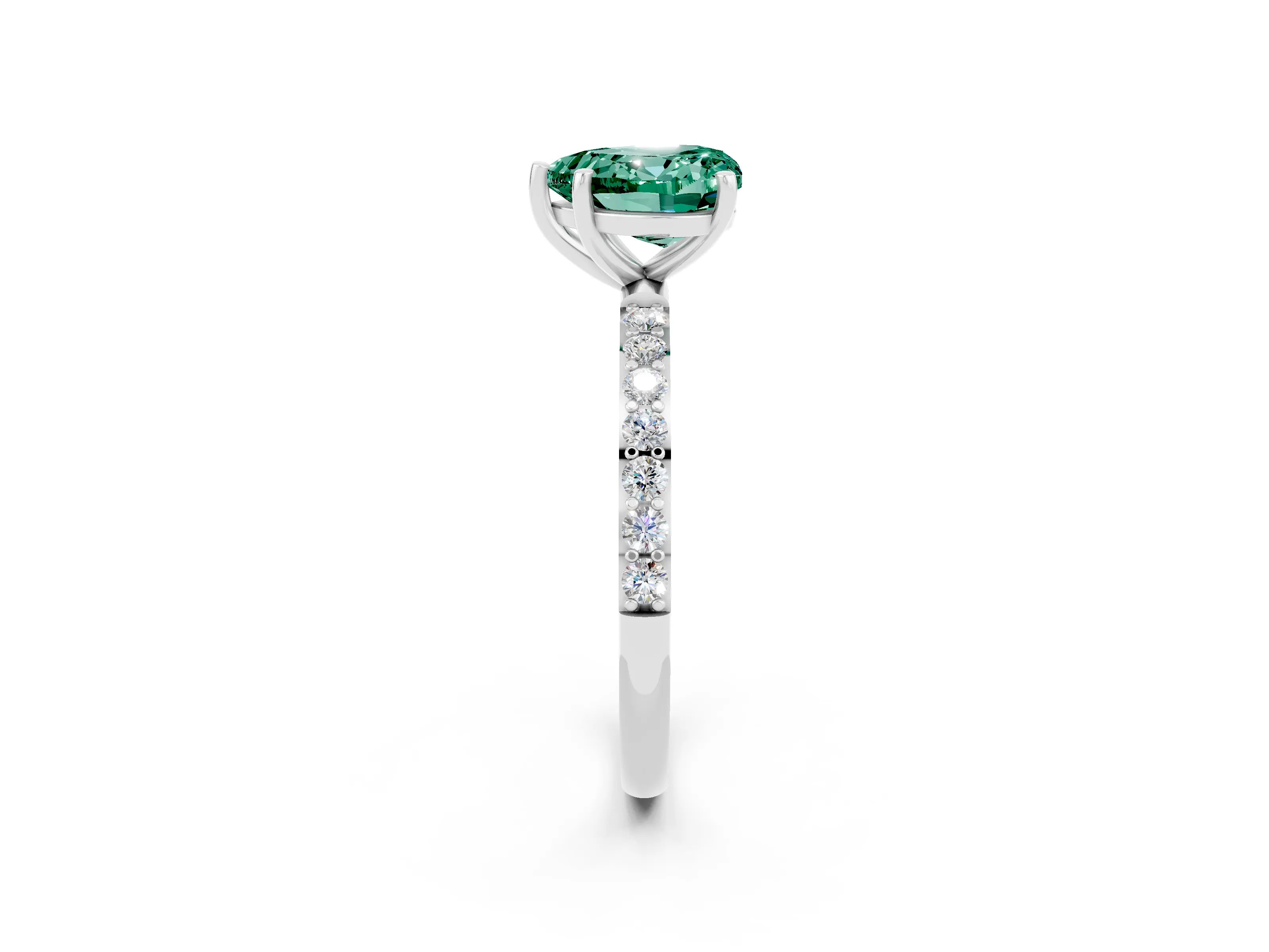 White gold Heart Cut Green Sapphire Solitaire Ring with Pave Band and Four Prong Setting_14