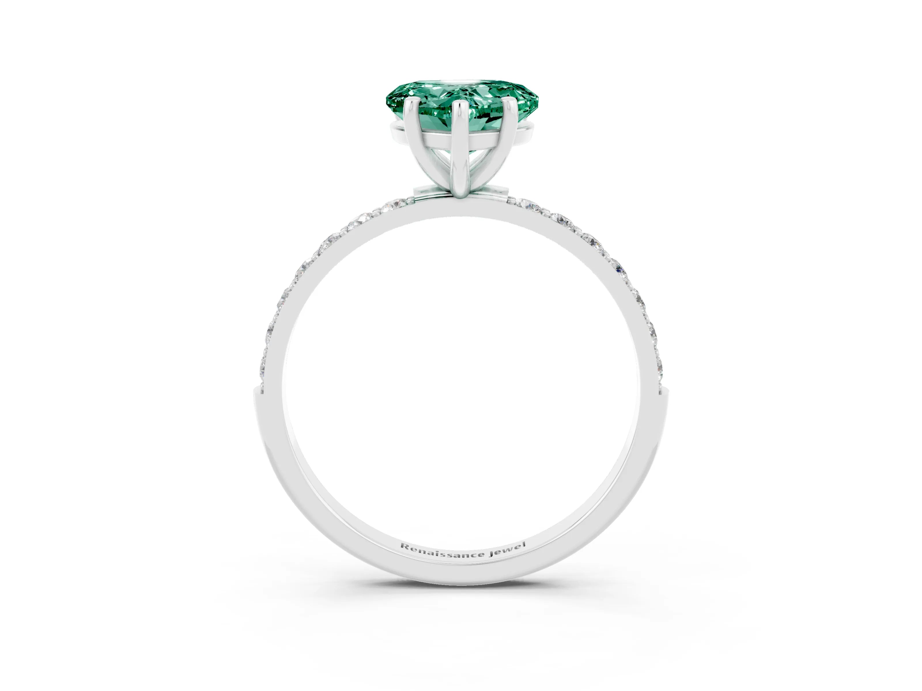 White gold Heart Cut Green Sapphire Solitaire Ring with Pave Band and Four Prong Setting_15