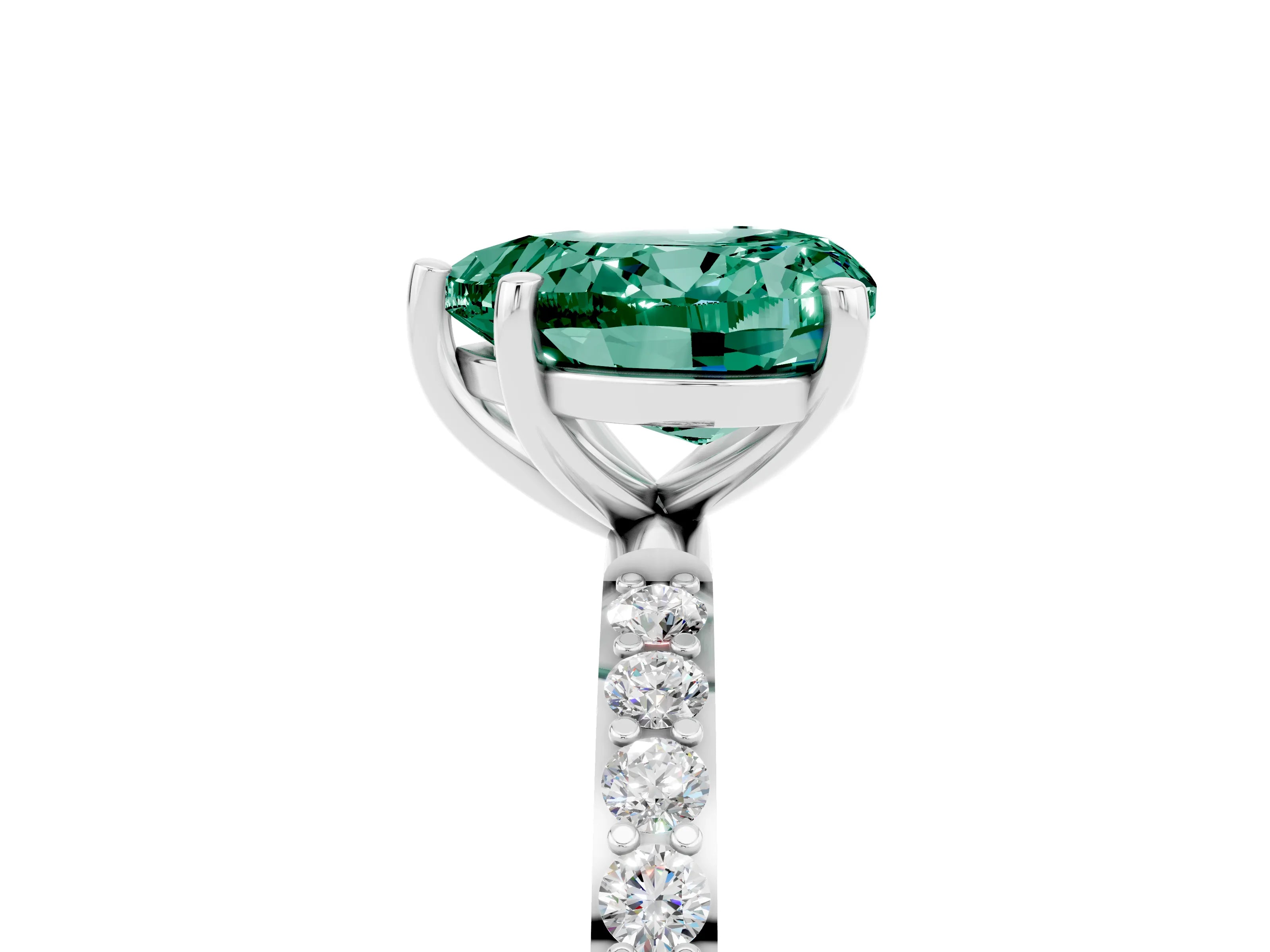 White gold Heart Cut Green Sapphire Solitaire Ring with Pave Band and Four Prong Setting_17
