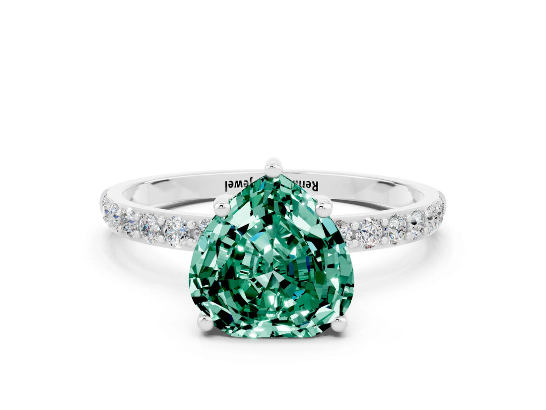 White gold Heart Cut Green Sapphire Solitaire Ring with Pave Band and Four Prong Setting_24