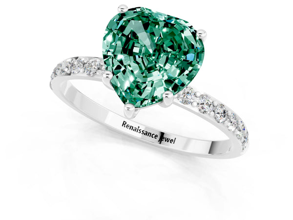 Platinum Heart Cut Green Sapphire Solitaire Ring with Round  Pavé Band and Prong Setting