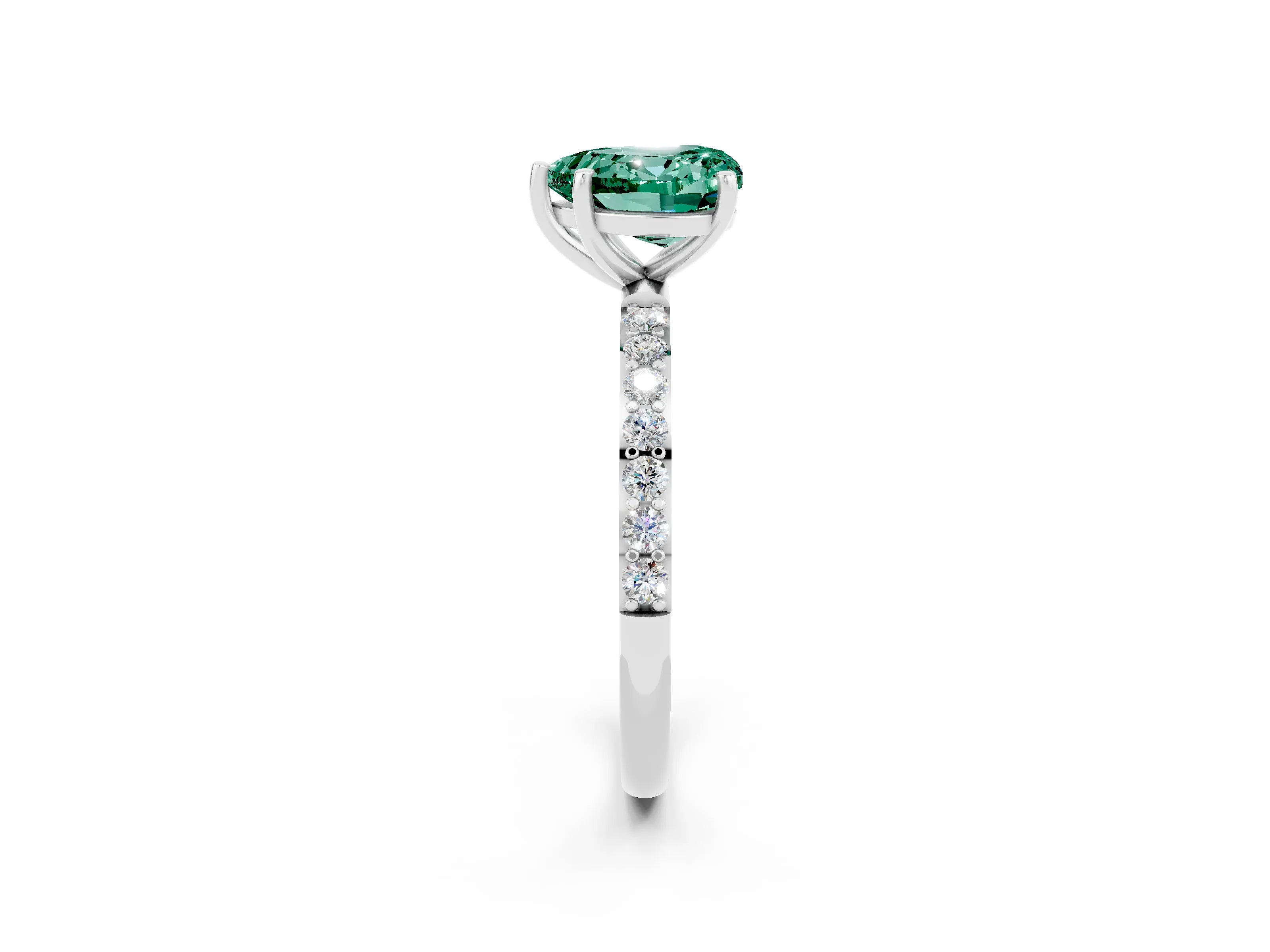 White gold Heart Cut Green Sapphire Solitaire Ring with Pave Band and Four Prong Setting_26