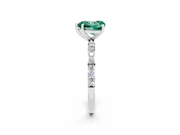 Platinum Heart Cut Green Sapphire Solitaire Ring with Round  Pavé Band and Prong Setting