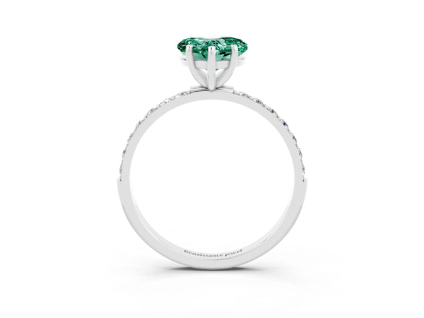 White gold Heart Cut Green Sapphire Solitaire Ring with Round  Pavé Band and Prong Setting