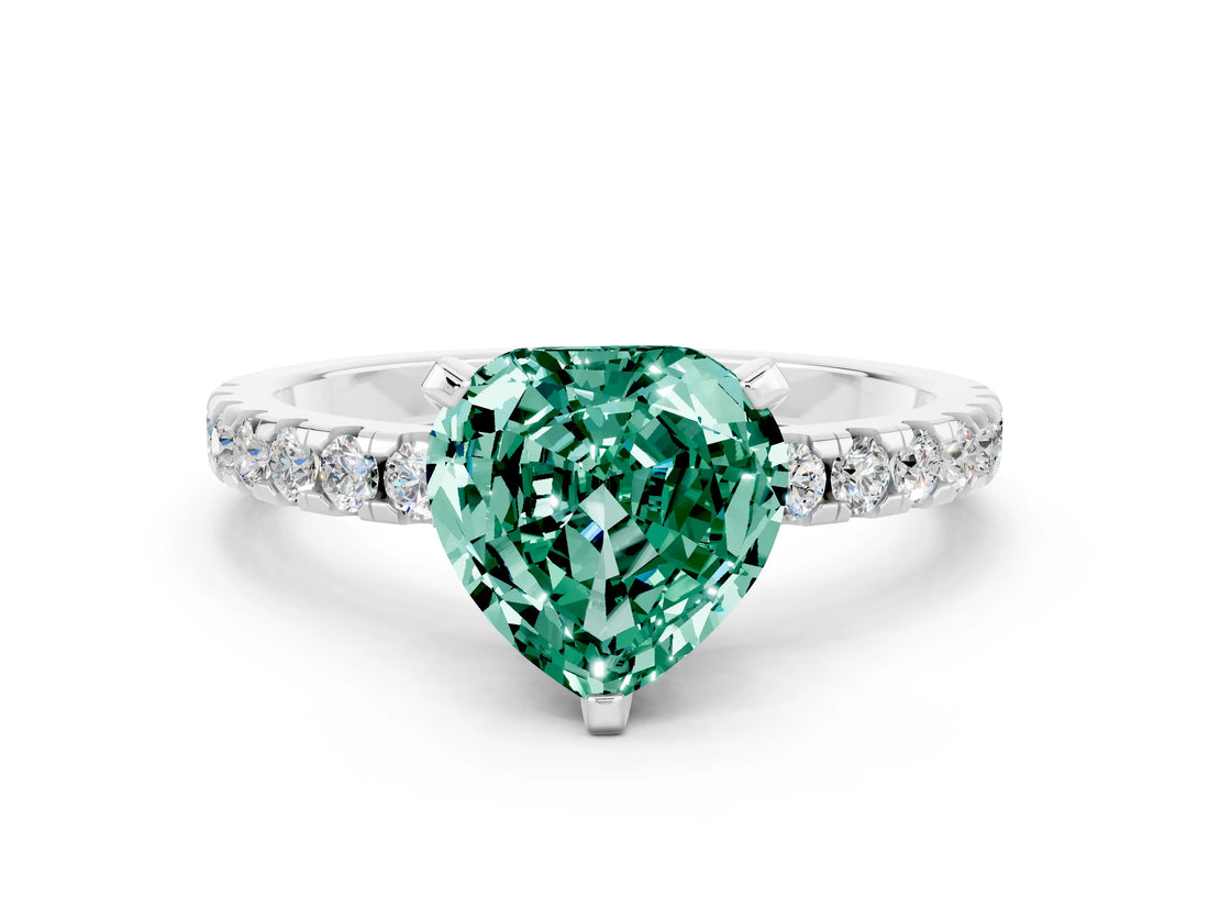 White gold Heart Cut Green Sapphire Solitaire Ring with Round  Pavé Band and Four-Prong Setting_48