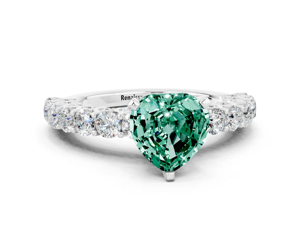 Silver Heart Cut Green Sapphire Solitaire Ring with Shared Prong Pavé Band and Four-Prong Setting