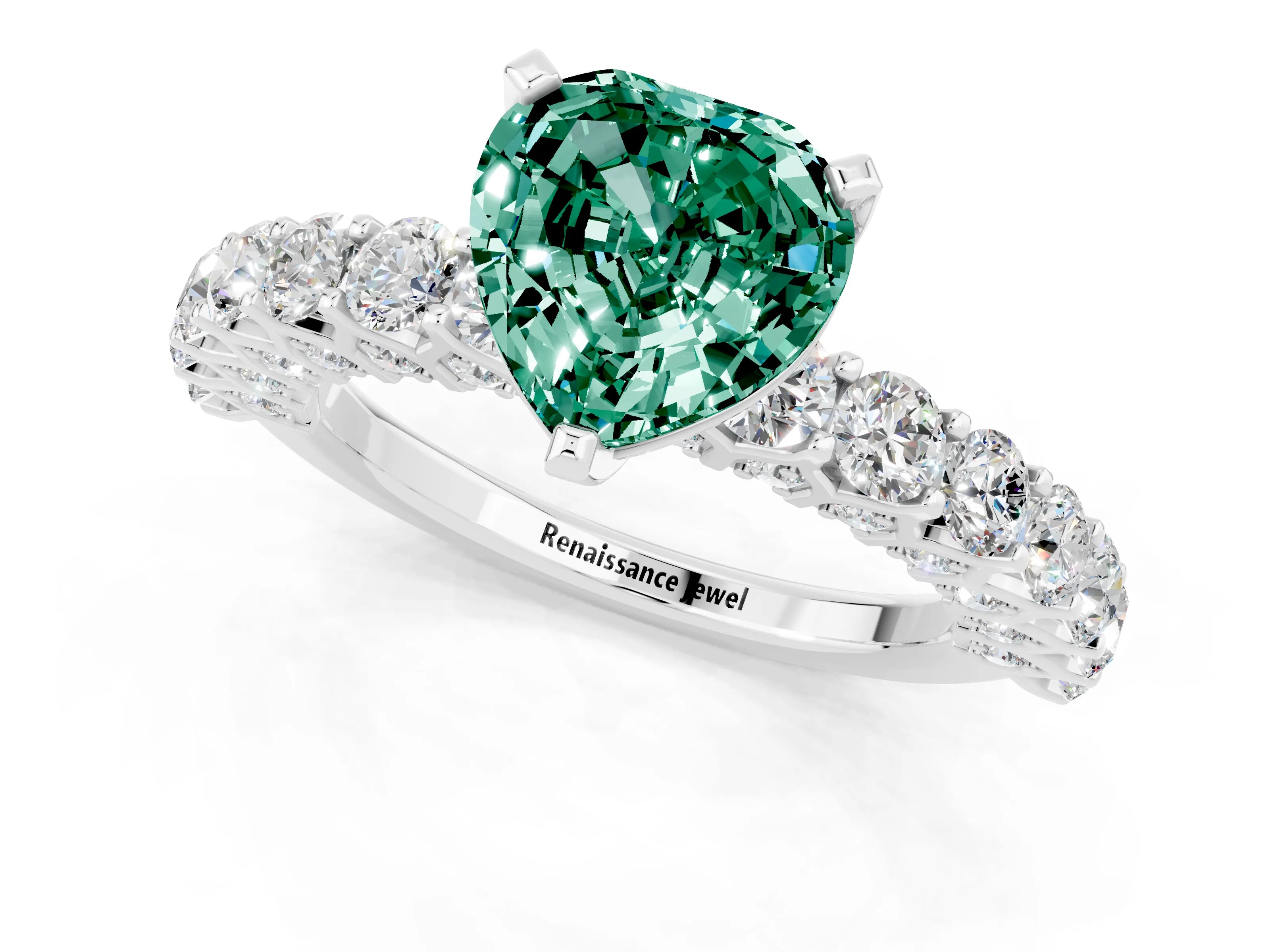 White gold Heart Cut Green Sapphire Solitaire Ring with Shared Prong Pavé Band and Four-Prong Setting_13