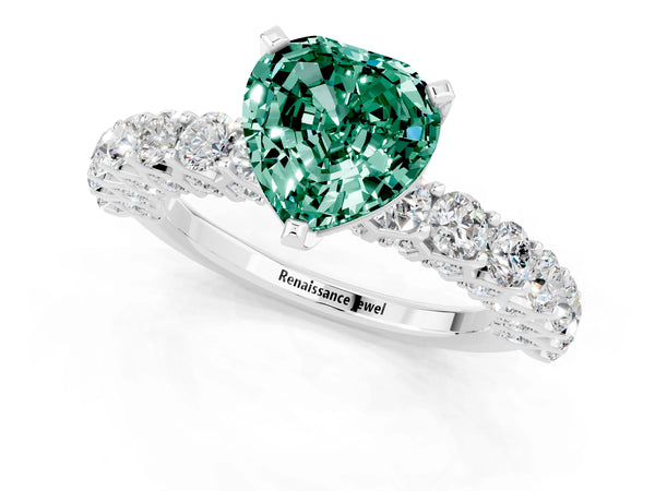White gold Heart Cut Green Sapphire Solitaire Ring with Shared Prong Pavé Band and Four-Prong Setting