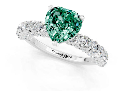 White gold Heart Cut Green Sapphire Solitaire Ring with Shared Prong Pavé Band and Four-Prong Setting_13