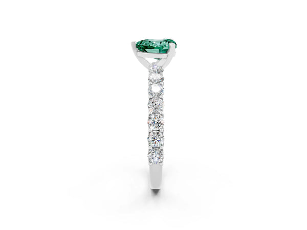 Platinum Heart Cut Green Sapphire Solitaire Ring with Shared Prong Pavé Band and Four-Prong Setting