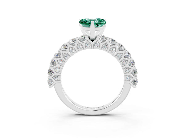 Platinum Heart Cut Green Sapphire Solitaire Ring with Shared Prong Pavé Band and Four-Prong Setting