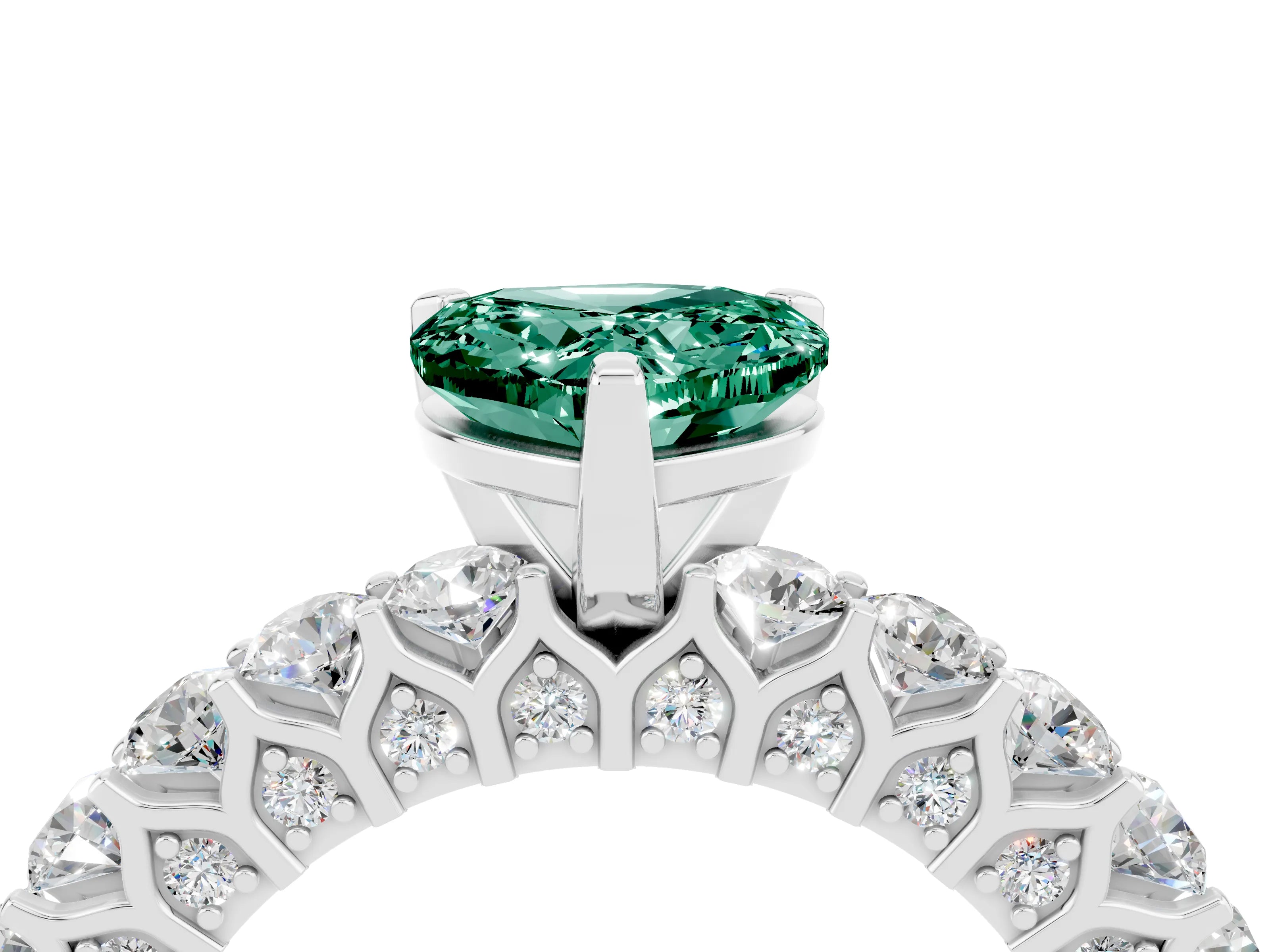 White gold Heart Cut Green Sapphire Solitaire Ring with Shared Prong Pavé Band and Four-Prong Setting_16