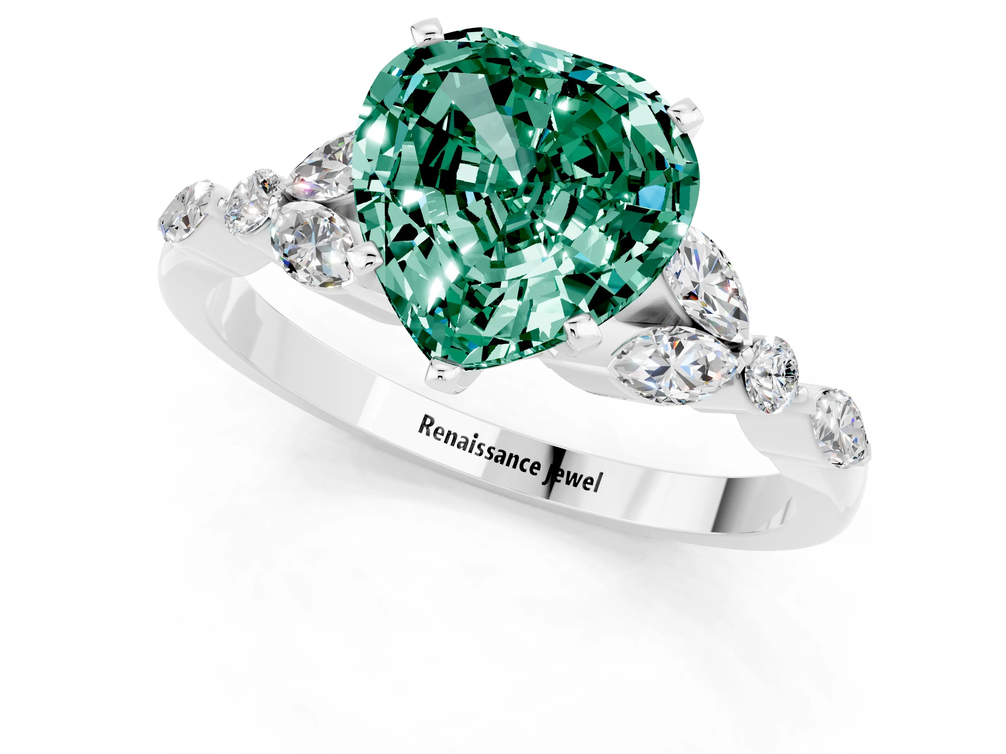 White gold Heart Cut Green Sapphire Solitaire Ring with Side Stones and Four-Prong Setting_25