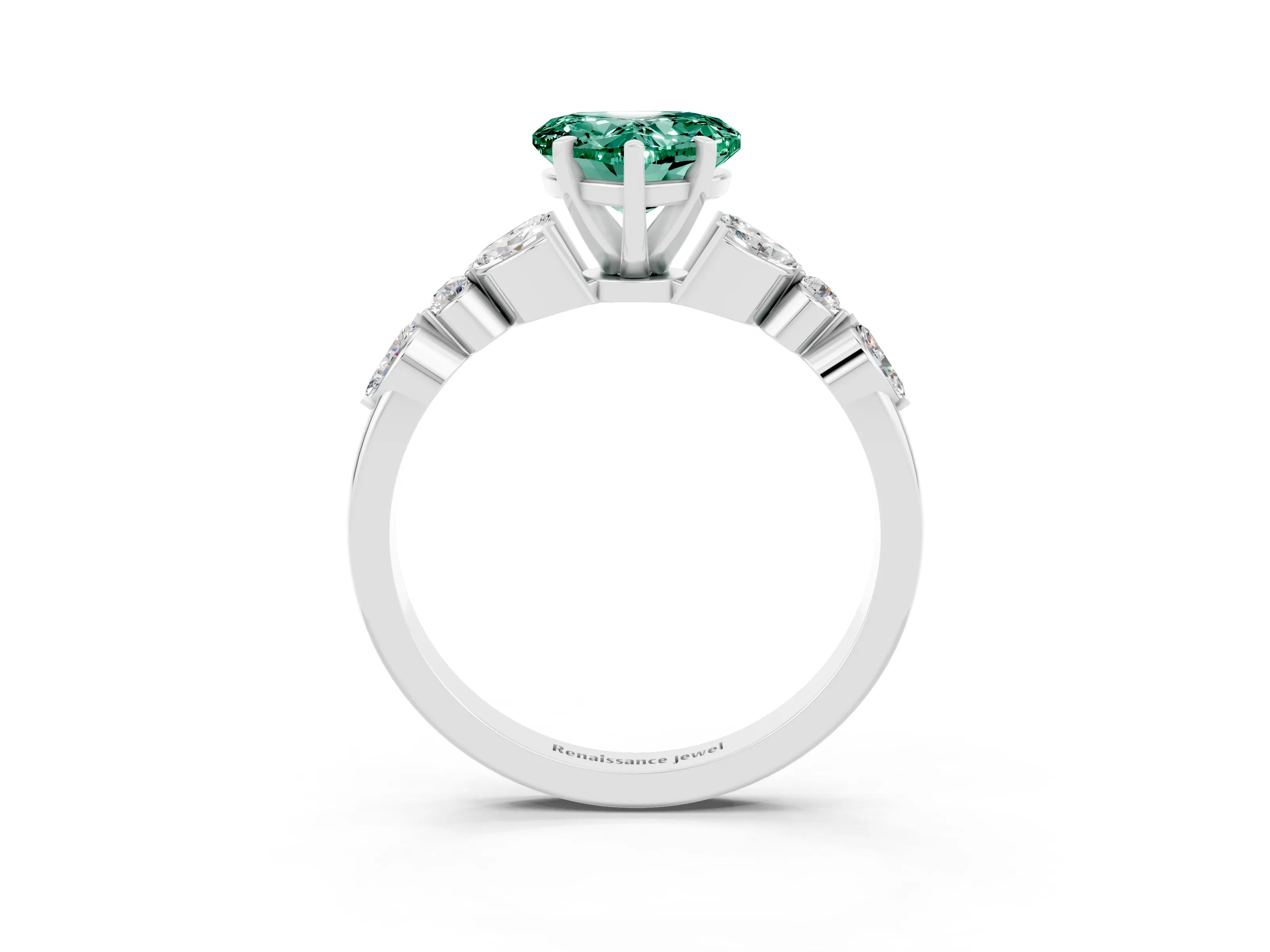White gold Heart Cut Green Sapphire Solitaire Ring with Side Stones and Four-Prong Setting_27