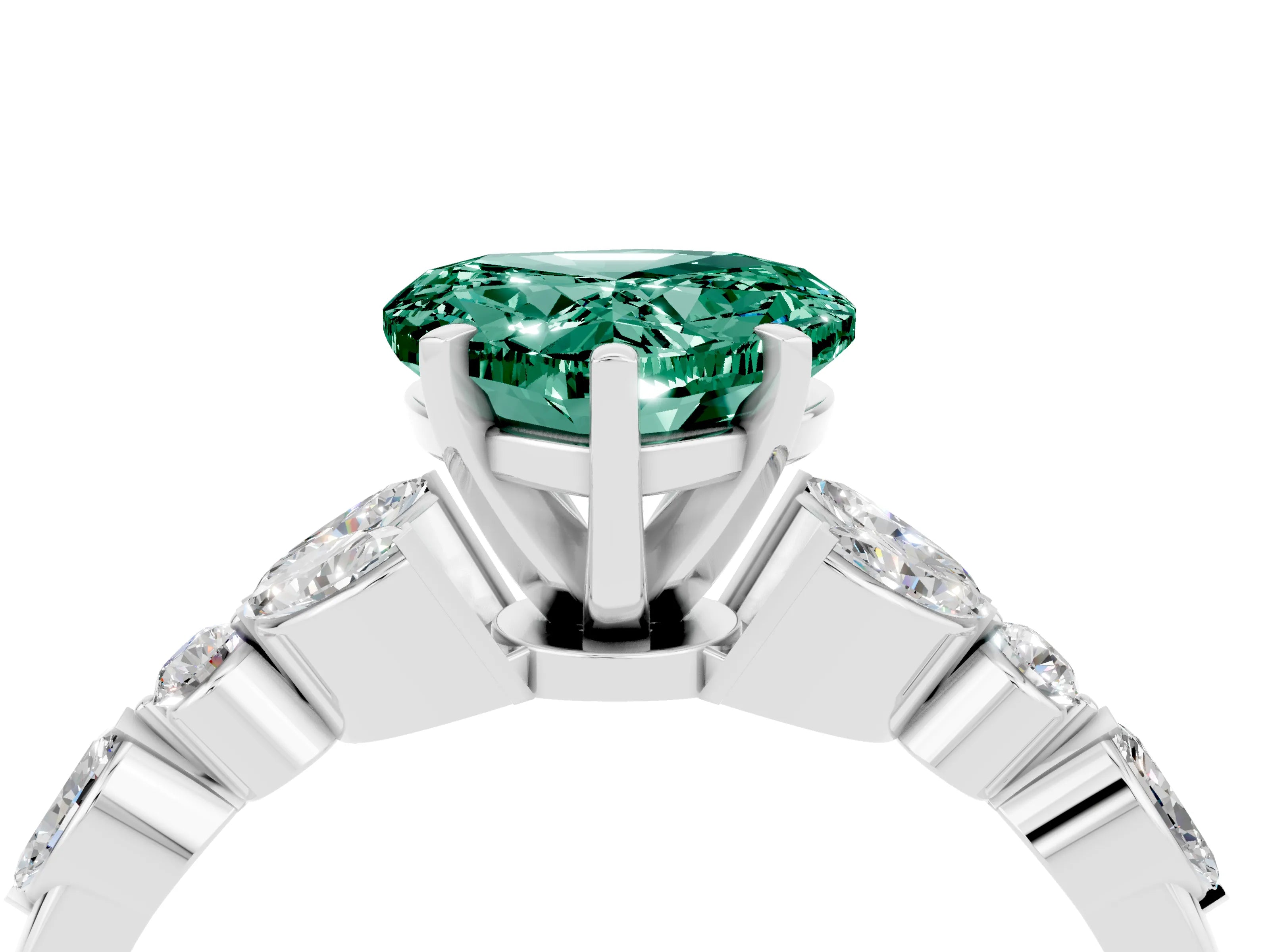 White gold Heart Cut Green Sapphire Solitaire Ring with Side Stones and Four-Prong Setting_28