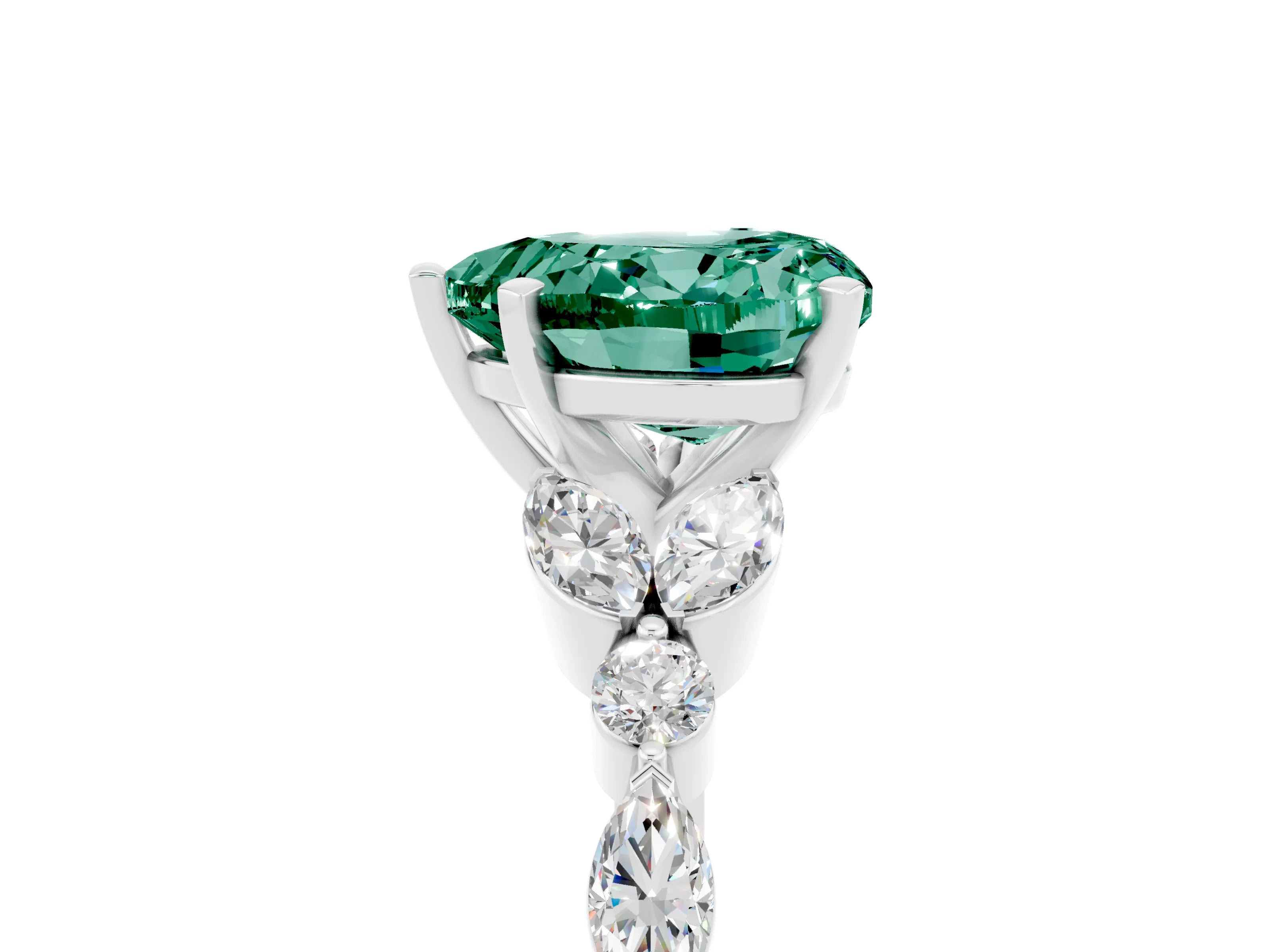 White gold Heart Cut Green Sapphire Solitaire Ring with Side Stones and Four-Prong Setting_29