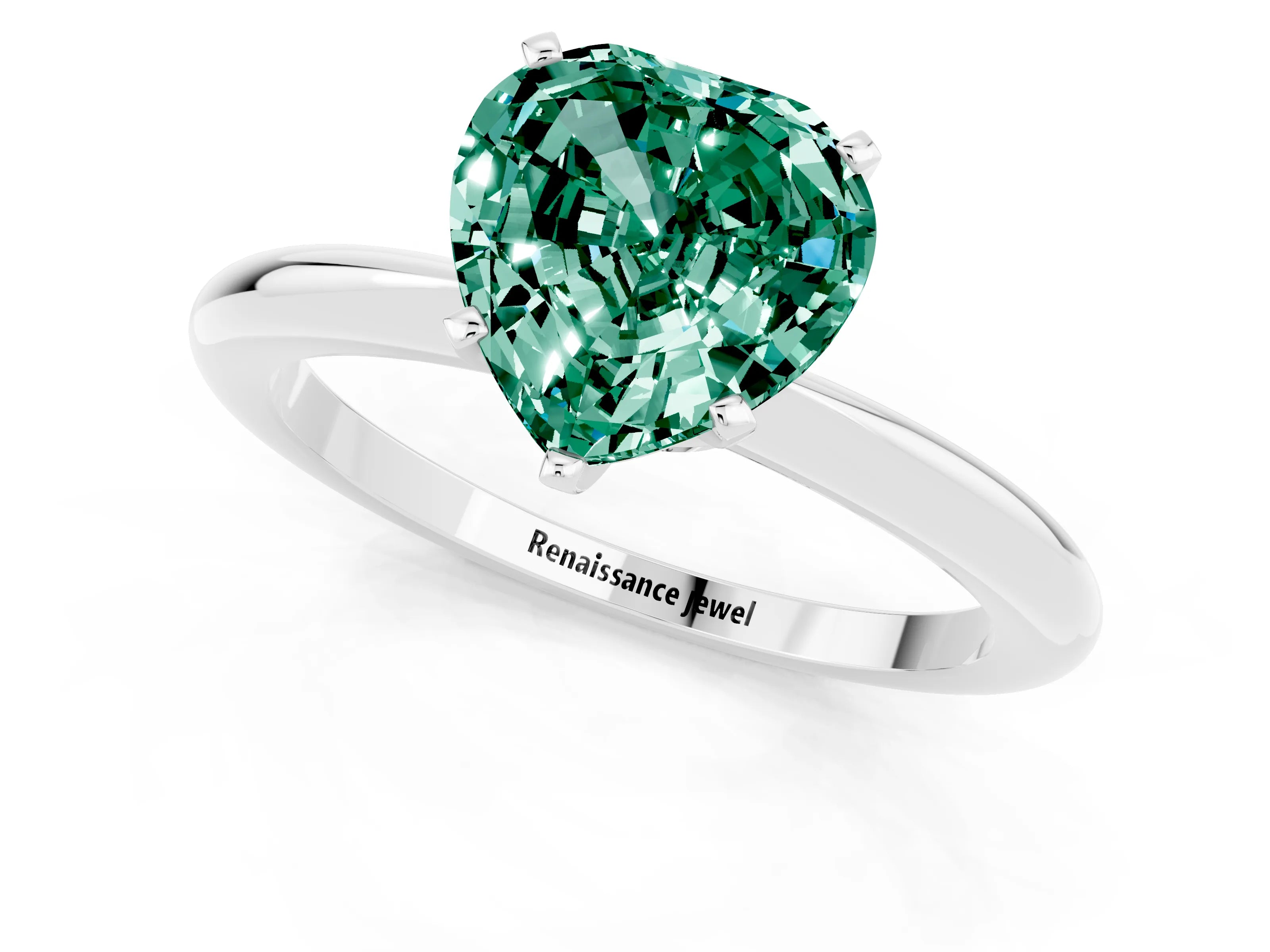 White gold Heart Cut Green Sapphire Solitaire Ring with Six-Prong Setting and Classic Band_13