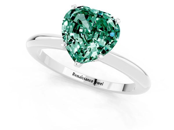 Silver Heart Cut Green Sapphire Solitaire Ring with Six-Prong Setting and Classic Band