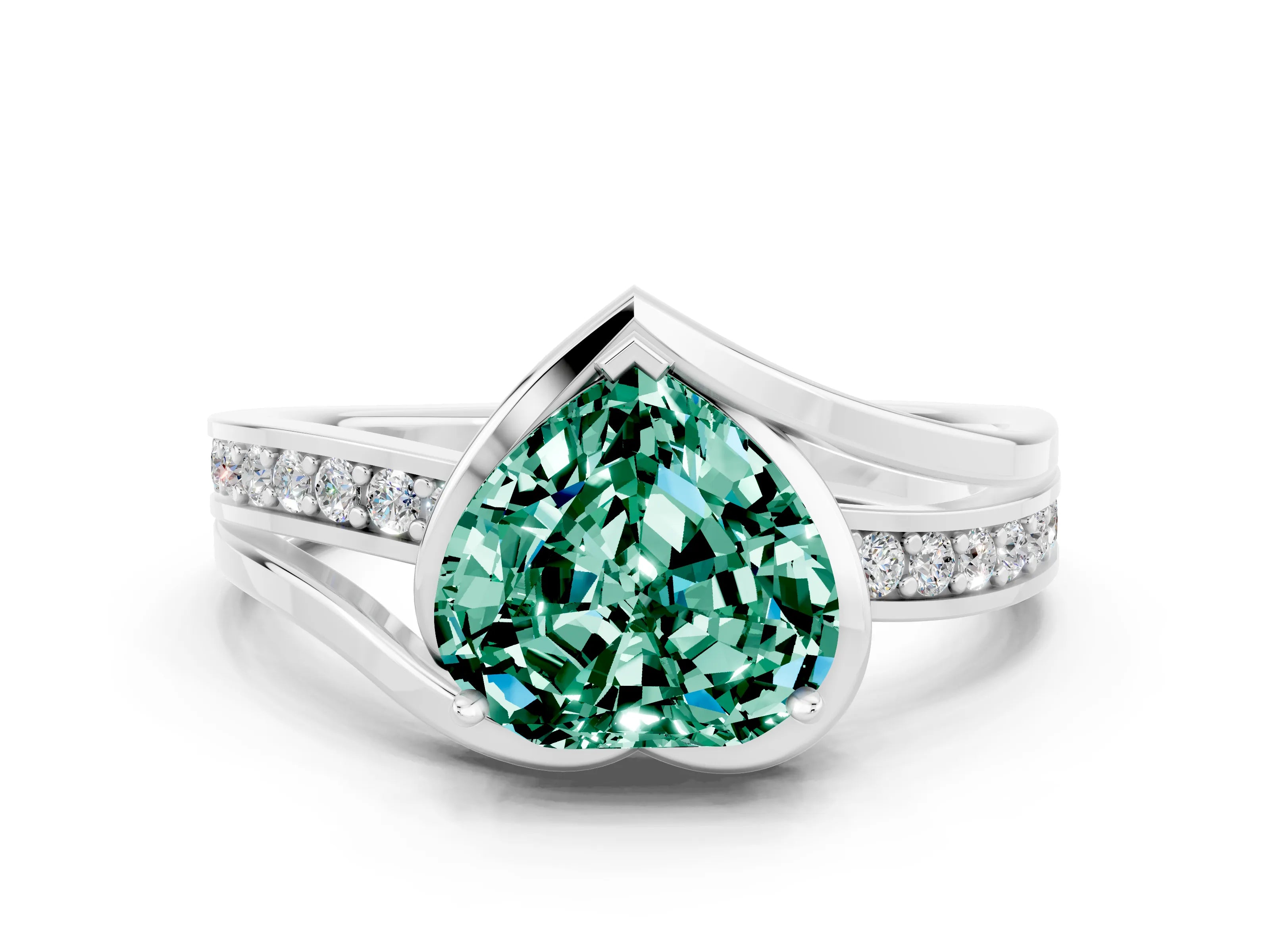 White gold Heart Cut Green Sapphire Solitaire Ring with Split Shank and Prong Setting