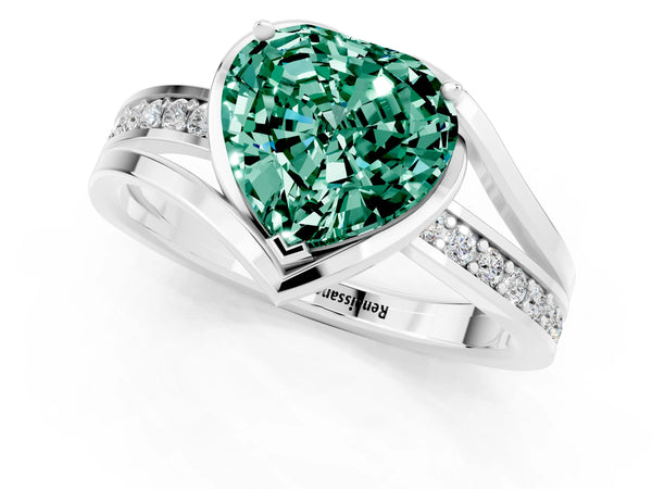 Platinum Heart Cut Green Sapphire Solitaire Ring with Split Shank and Prong Setting