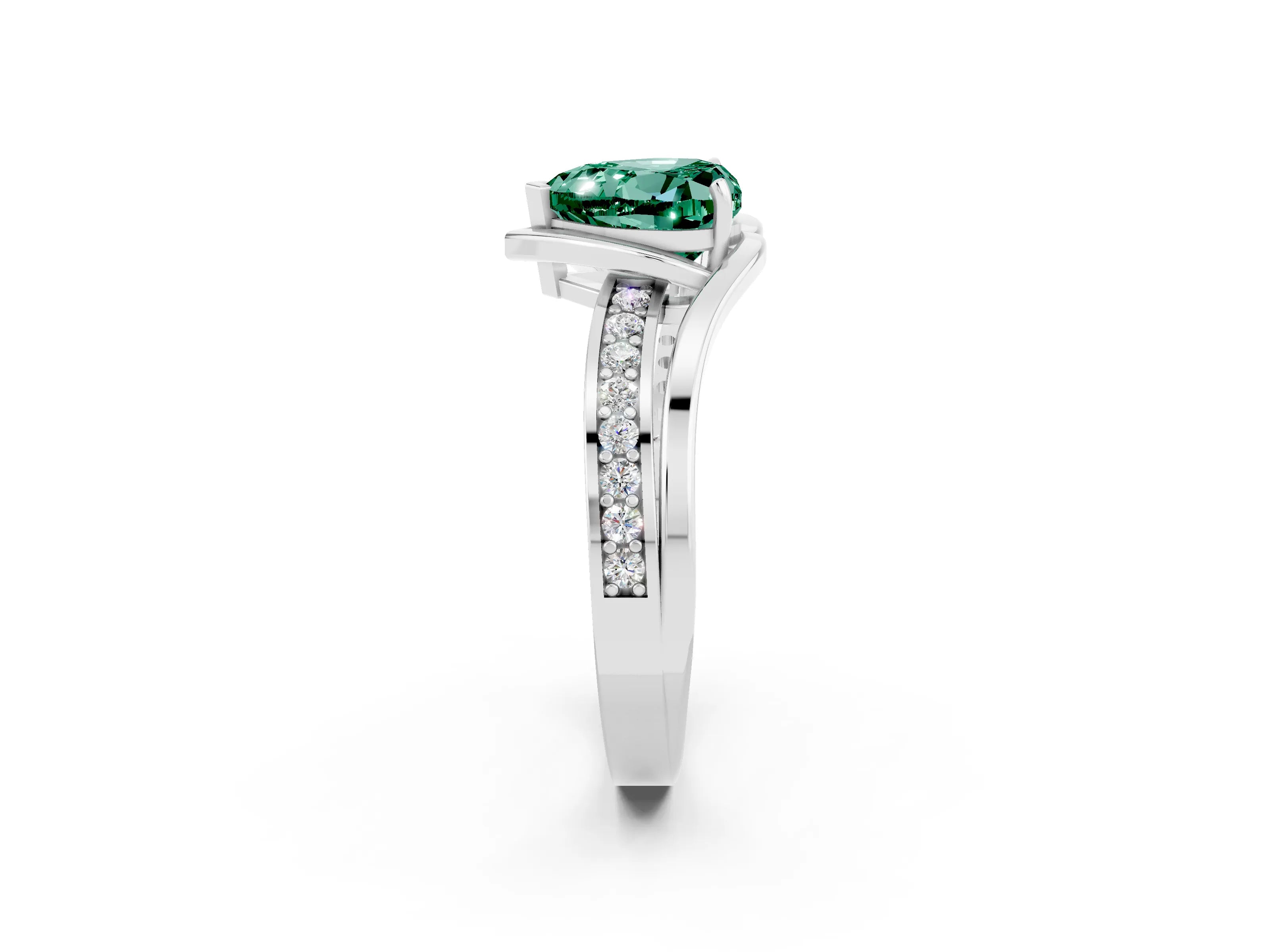White gold Heart Cut Green Sapphire Solitaire Ring with Split Shank and Prong Setting_2